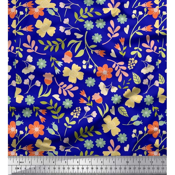 Soimoi Blue Cotton Jersey Fabric Leaf Floral Printed Fabric 1 Yard 58 Inch Wide