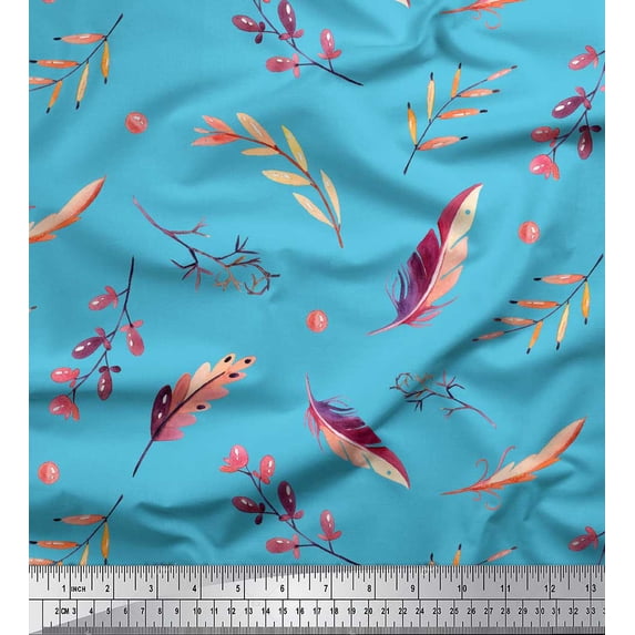 Soimoi Blue Cotton Jersey Fabric Leaves & Feather Decor Fabric Printed Yard 58 Inch Wide