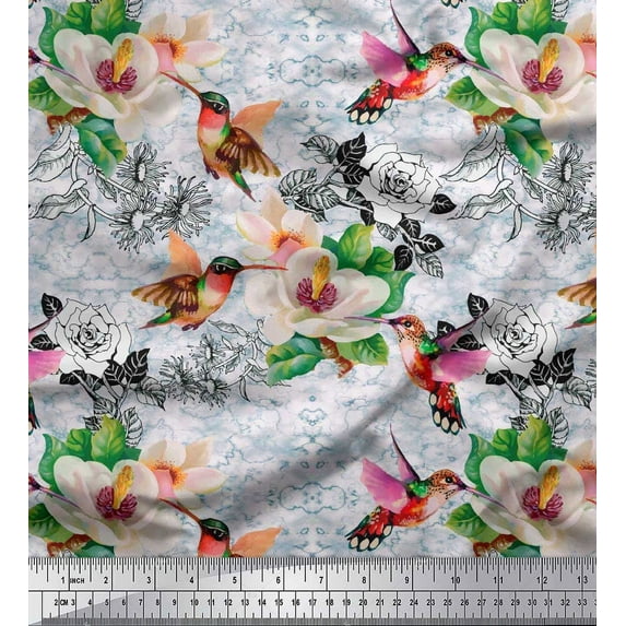 Soimoi Blue Cotton Jersey Fabric Leaves,Hummingbird & White Floral Print Fabric by The Yard 58 Inch Wide