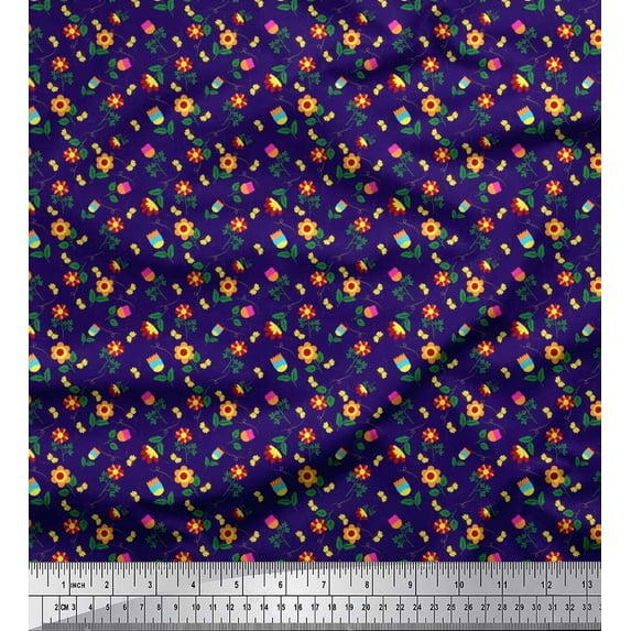 Soimoi Blue Cotton Jersey Fabric Leaves,Insect & Floral Artistic Print Fabric by The Yard 58 Inch Wide