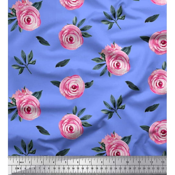 Soimoi Blue Cotton Jersey Fabric Leaves & Ranunculus Floral Printed Fabric 1 Yard 64 Inch Wide