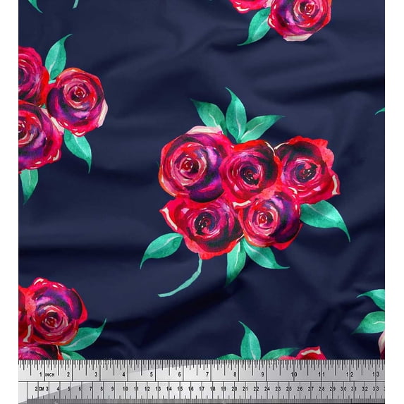 Soimoi Blue Cotton Jersey Fabric Leaves & Rose Floral Print Fabric by the Yard 58 Inch Wide