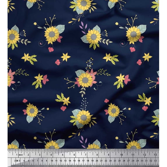Soimoi Blue Cotton Jersey Fabric Leaves & Sunflower Floral Print Fabric by the Yard 58 Inch Wide