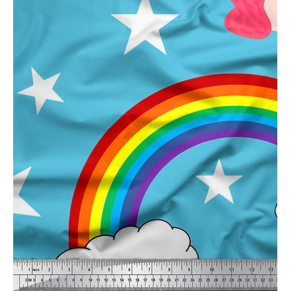 Soimoi Blue Cotton Jersey Fabric Rainbow & Unicorn Face Printed Fabric 1 Yard 58 Inch Wide