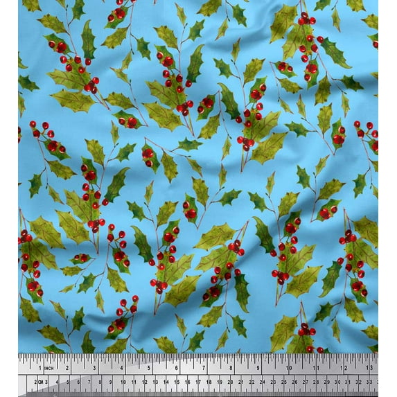 Soimoi Blue Cotton Jersey Fabric Red Berries & Holly Leaves Decor Fabric Printed Yard 58 Inch Wide