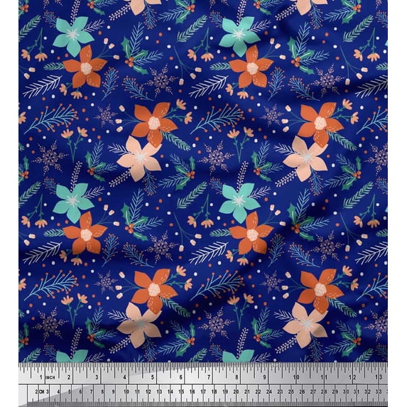 Soimoi Blue Cotton Jersey Fabric Snowflake,Leaves & Flower Floral Print Fabric by Yard 58 Inch Wide