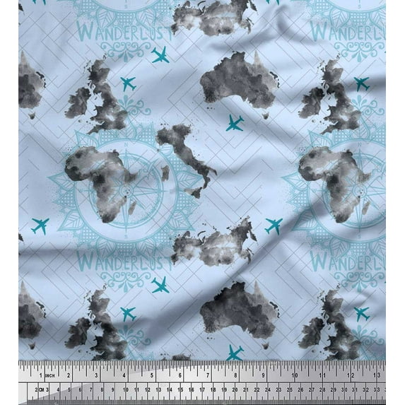 Soimoi Blue Cotton Jersey Fabric Wanderlust & Aeroplane Travel Print Sewing Fabric Yard 58 Inch Wide