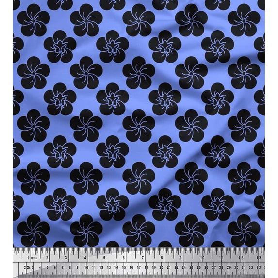 Soimoi Blue Cotton Poplin Fabric Black Sketch Floral Print Fabric by Yard 42 Inch Wide