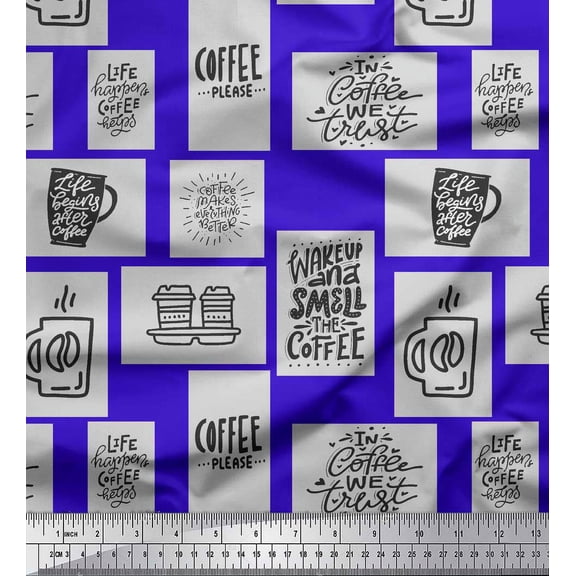 Soimoi Blue Cotton Poplin Fabric Coffee Please Text Print Fabric by the Yard 42 Inch Wide
