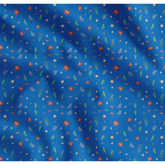 Soimoi Blue Cotton Poplin Fabric Crab & Jellyfish Ocean Decor Fabric Printed Yard 56 Inch Wide