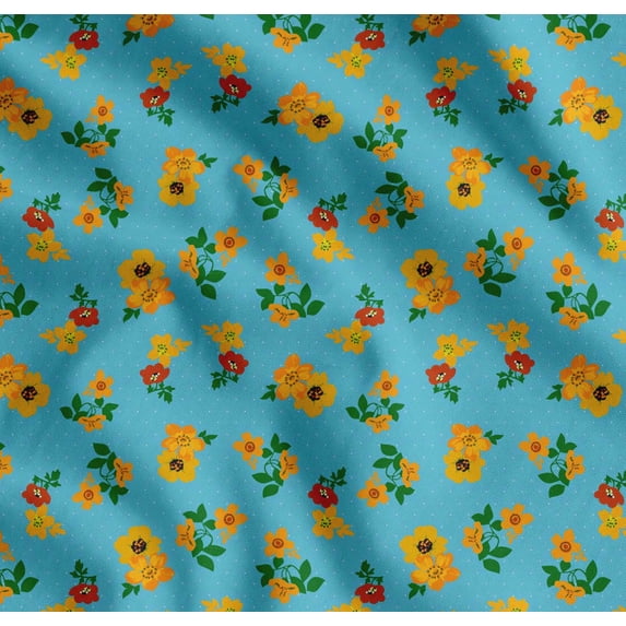 Soimoi Blue Cotton Poplin Fabric Dot,Leaves & Buttercup Floral Fabric Prints By Yard 56 Inch Wide