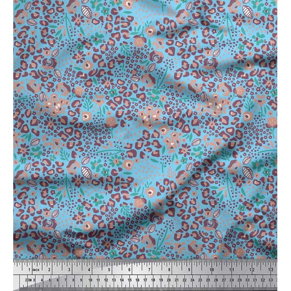 Soimoi Blue Cotton Poplin Fabric Floral & Leopard Animal Skin Fabric Prints By Yard 56 Inch Wide