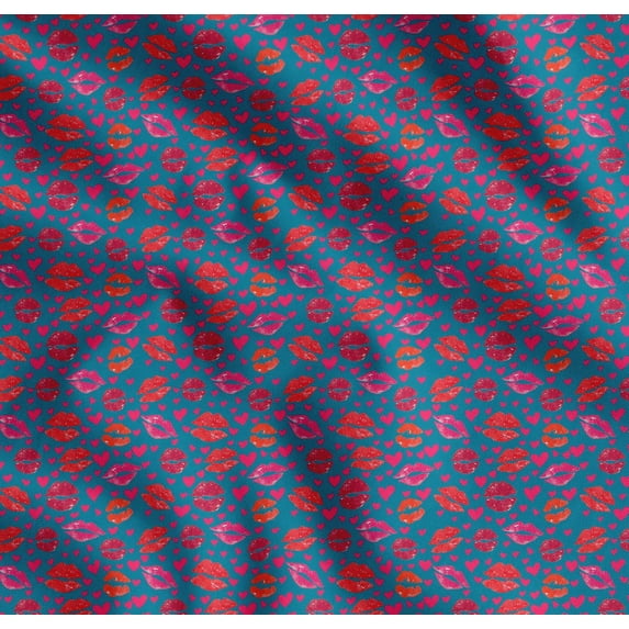 Soimoi Blue Cotton Poplin Fabric Heart & Lips Women Fabric Prints By Yard 56 Inch Wide