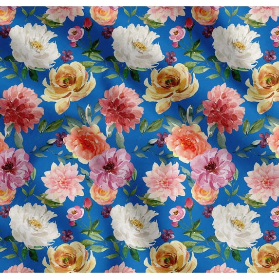 Soimoi Blue Cotton Poplin Fabric Leaves & Floral Watercolor Print Fabric by Yard 42 Inch Wide