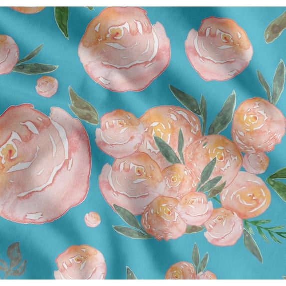 Soimoi Blue Cotton Poplin Fabric Leaves & Peach Floral Watercolor Print Sewing Fabric BTY 56 Inch Wide