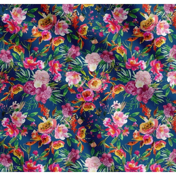 Soimoi Blue Cotton Poplin Fabric Leaves & Pink Floral Watercolor Printed Fabric 1 Yard 42 Inch Wide