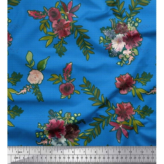 Soimoi Blue Cotton Poplin Fabric Leaves & Ranunculus Floral Decor Fabric Printed Yard 58 Inch Wide