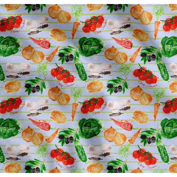 Soimoi Blue Cotton Poplin Fabric Stripe & Mixed Veggies Vegetable Decor Fabric Printed Yard 42 Inch Wide