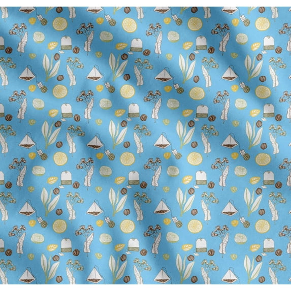 Soimoi Blue Cotton Poplin Fabric Tea Bag,Herbs & Lemon Slice Vegetable Print Fabric by the Yard 56 Inch Wide