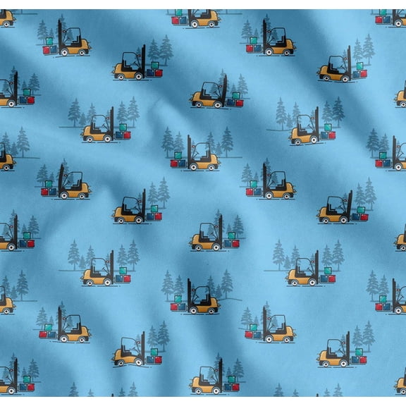 Soimoi Blue Cotton Poplin Fabric Tree & Forklift Truck Transport Fabric Prints By Yard 56 Inch Wide
