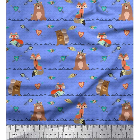 Soimoi Blue Cotton Voile Fabric Animals,Heart & Feather Tribal Print Sewing Fabric Yard 42 Inch Wide