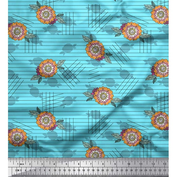 Soimoi Blue Cotton Voile Fabric Artistic Floral & Stripe Print Fabric by the Yard 42 Inch Wide