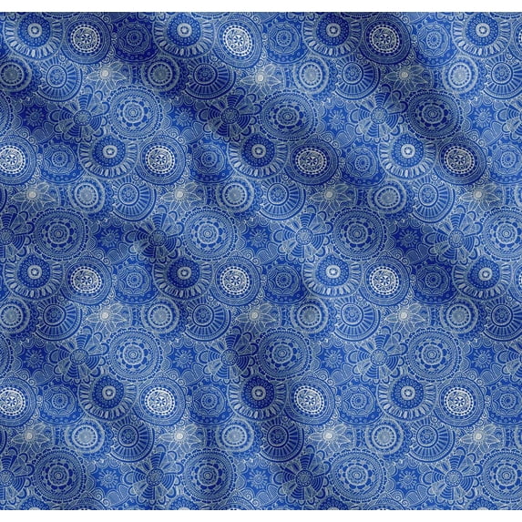 Soimoi Blue Cotton Voile Fabric Artistic Flower Mandala Printed Fabric 1 Yard 56 Inch Wide