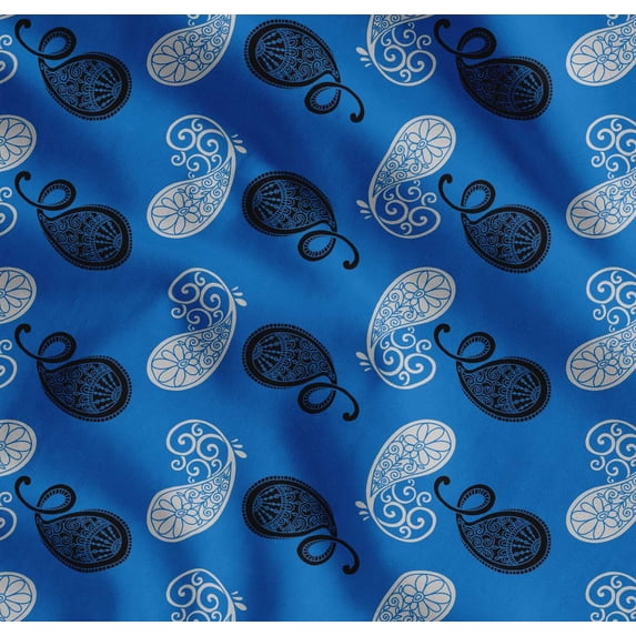 Soimoi Blue Cotton Voile Fabric Black Sketch Paisley Print Fabric by the Yard 56 Inch Wide