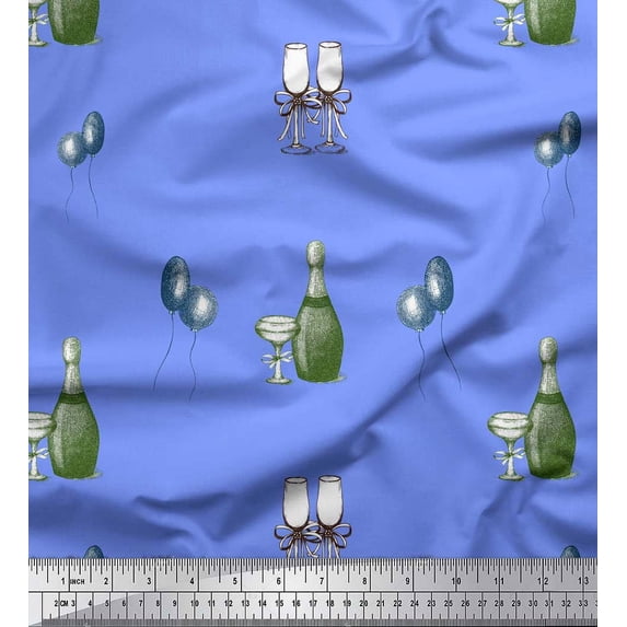 Soimoi Blue Cotton Voile Fabric Bottle & Wine Glass Bar Printed Craft Fabric by the Yard 42 Inch Wide