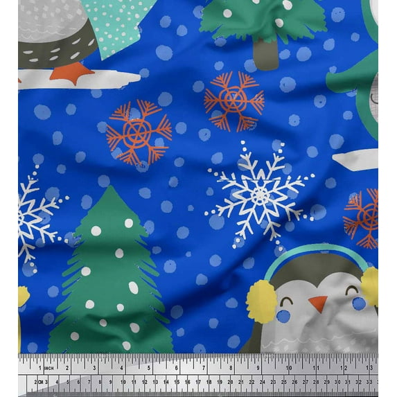 Soimoi Blue Cotton Voile Fabric Christmas Tree & Penguin Cartoon Print Fabric by the Yard 56 Inch Wide