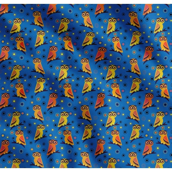 Soimoi Blue Cotton Voile Fabric Circle & Owl Cartoon Print Sewing Fabric Yard 42 Inch Wide