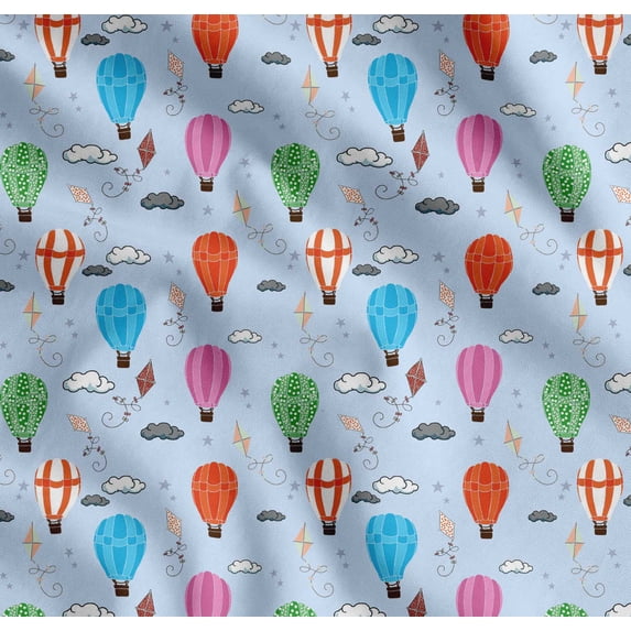 Soimoi Blue Cotton Voile Fabric Cloud & Hot Air Balloon Holiday Print Sewing Fabric Yard 56 Inch Wide