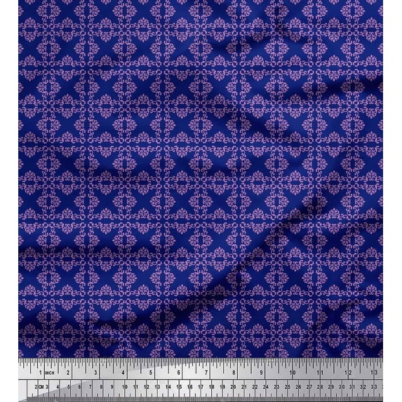 Soimoi Blue Cotton Voile Fabric Damask Ethnic Printed Fabric 1 Yard 42 Inch Wide