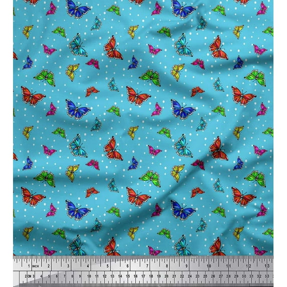 Soimoi Blue Cotton Voile Fabric Dot & Butterfly Printed Fabric 1 Yard 56 Inch Wide