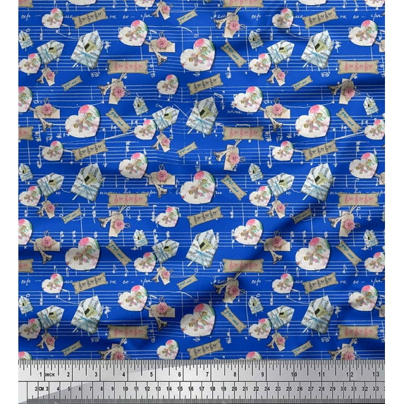 Soimoi Blue Cotton Voile Fabric Floral & Letter Vintage Printed Fabric 1 Yard 42 Inch Wide