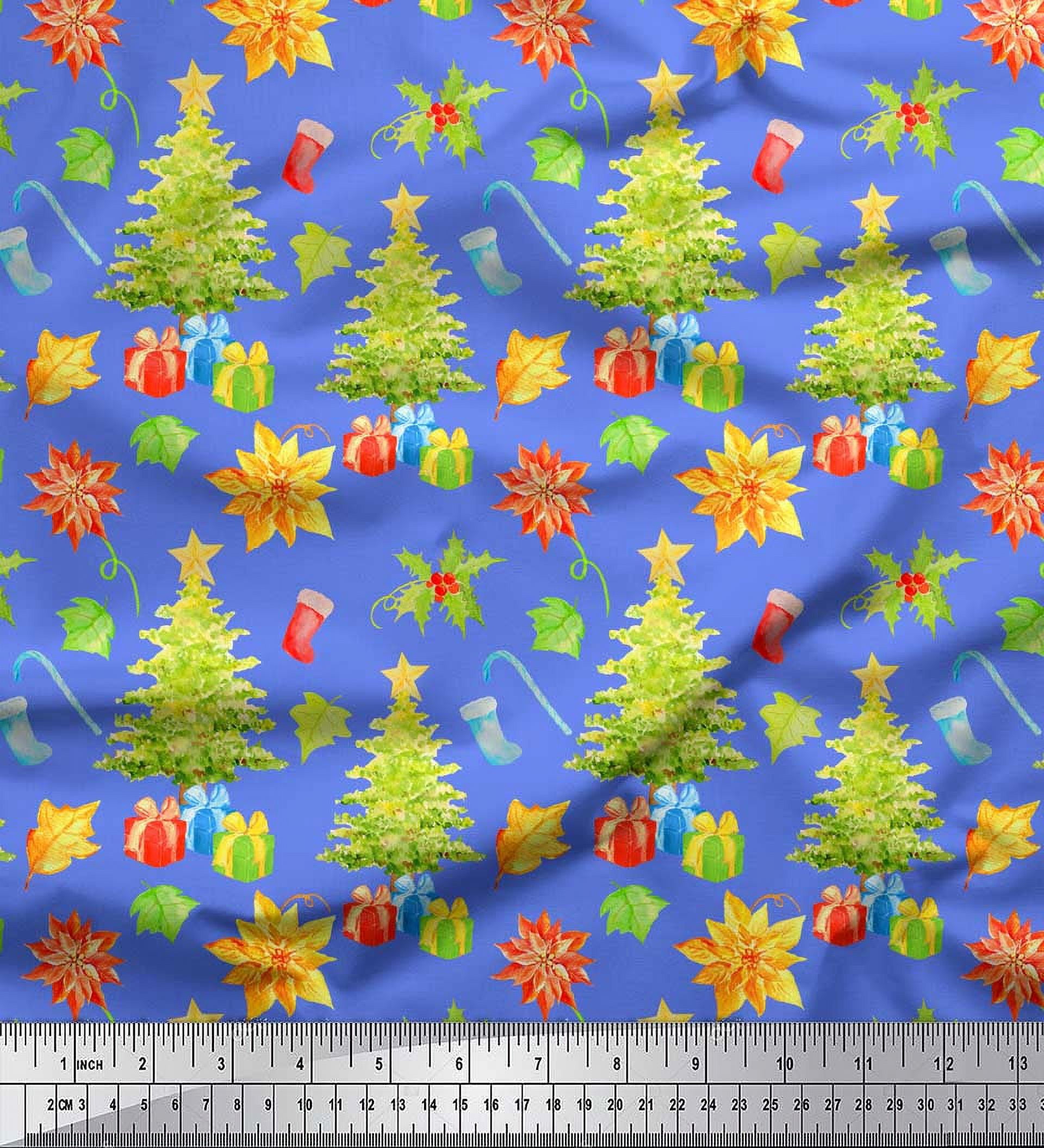 Soimoi Blue Cotton Voile Fabric Gifts & Christmas Tree Printed Craft Fabric by the Yard 42 Inch Wide