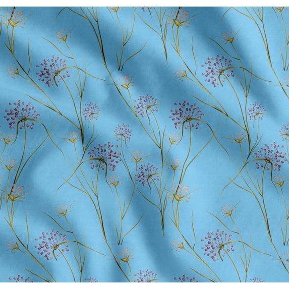 Soimoi Blue Cotton Voile Fabric Grass & Wildflower Floral Decor Fabric Printed Yard 56 Inch Wide