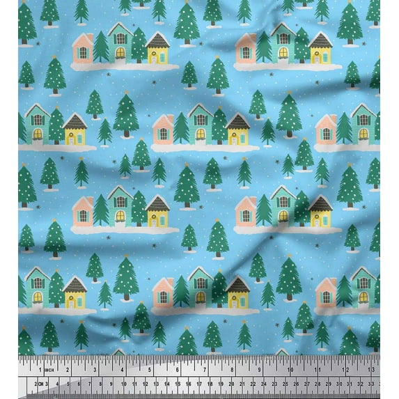 Soimoi Blue Cotton Voile Fabric House & Tree Christmas Printed Fabric 1 Yard 42 Inch Wide