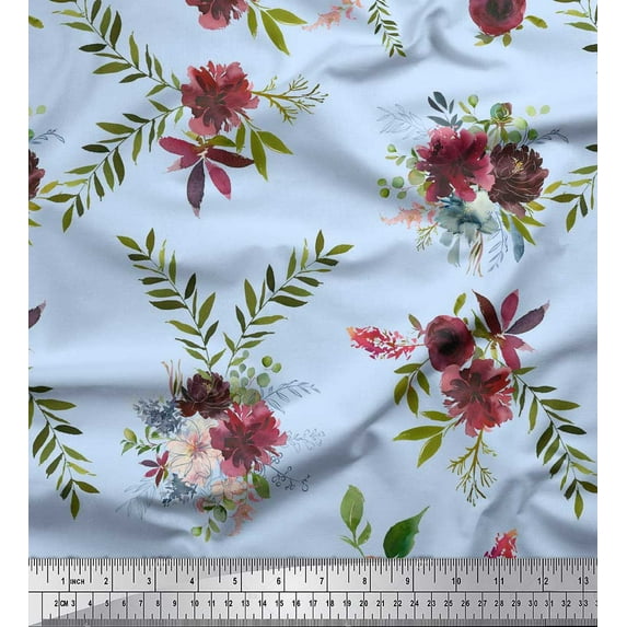 Soimoi Blue Cotton Voile Fabric Leaves & Faith Rose Floral Print Fabric by the Yard 42 Inch Wide