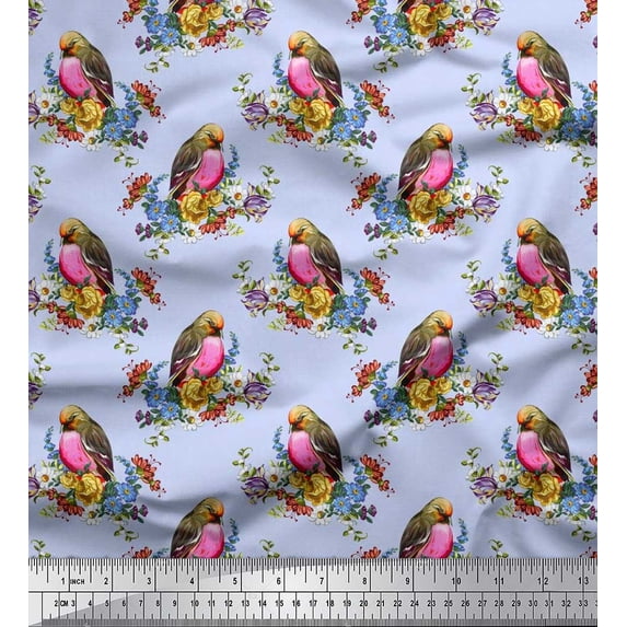Soimoi Blue Cotton Voile Fabric Leaves,Floral & American Robin Bird Print Fabric by The Yard 42 Inch Wide