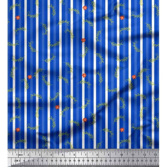 Soimoi Blue Cotton Voile Fabric Leaves & Floral Stripe Print Fabric by Yard 42 Inch Wide