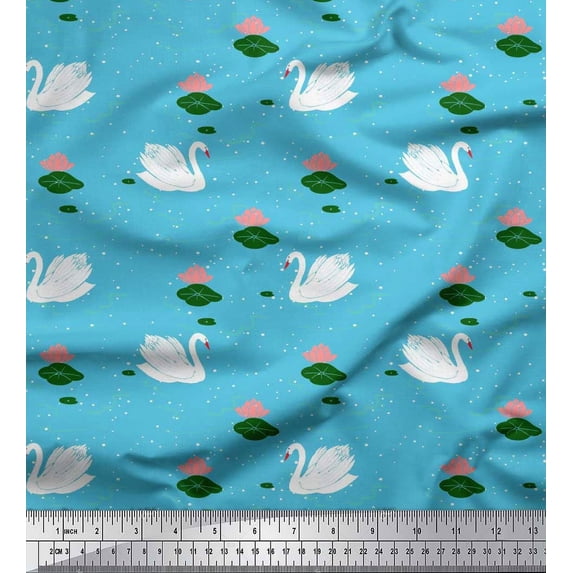 Soimoi Blue Cotton Voile Fabric Leaves,Lotus & Swan Bird Decor Fabric Printed Yard 56 Inch Wide