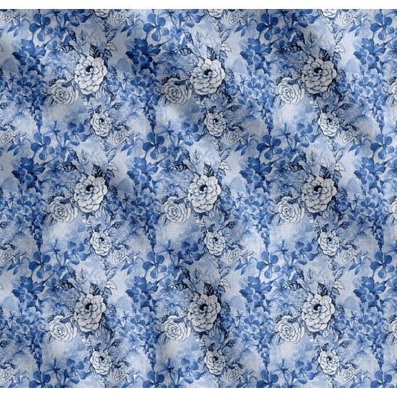 Soimoi Blue Cotton Voile Fabric Leaves,Periwinkle & Camellia Floral Decor Fabric Printed Yard 56 Inch Wide