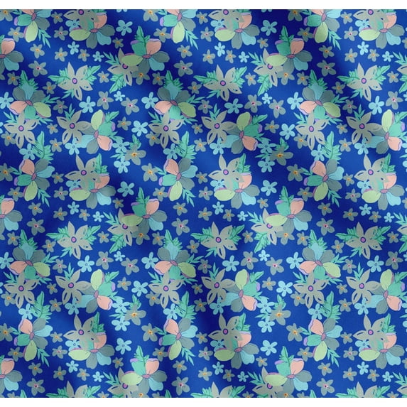 Soimoi Blue Cotton Voile Fabric Leaves & Periwinkle Floral Printed Fabric 1 Yard 56 Inch Wide