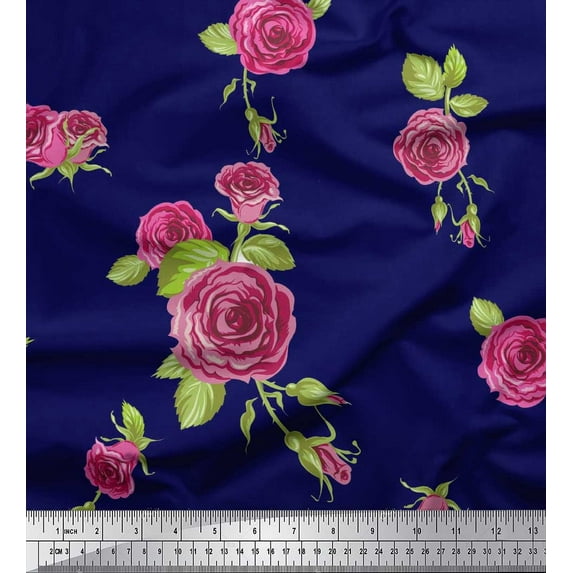 Soimoi Blue Cotton Voile Fabric Leaves & Pink Rose Flower Print Fabric by The Yard 56 Inch Wide