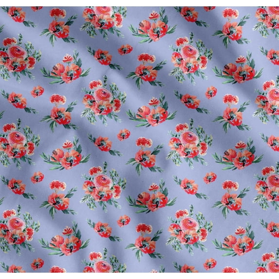 Soimoi Blue Cotton Voile Fabric Leaves & Ranunculus Floral Print Fabric by Yard 42 Inch Wide