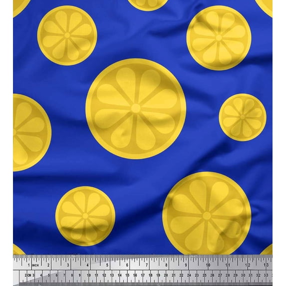 Soimoi Blue Cotton Voile Fabric Lemon Slice Block Print Fabric by Yard 42 Inch Wide