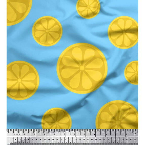 Soimoi Blue Cotton Voile Fabric Lemon Slice Block Print Sewing Fabric Yard 56 Inch Wide