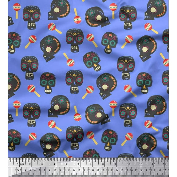 Soimoi Blue Cotton Voile Fabric Lollipop & Tribal Skull Printed Fabric 1 Yard 42 Inch Wide