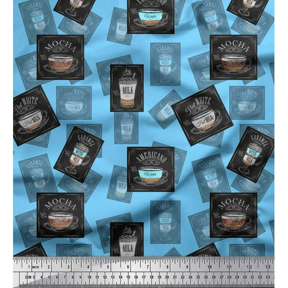 Soimoi Blue Cotton Voile Fabric Mocha & Caramel Coffee Beverages Decor Fabric Printed Yard 42 Inch Wide